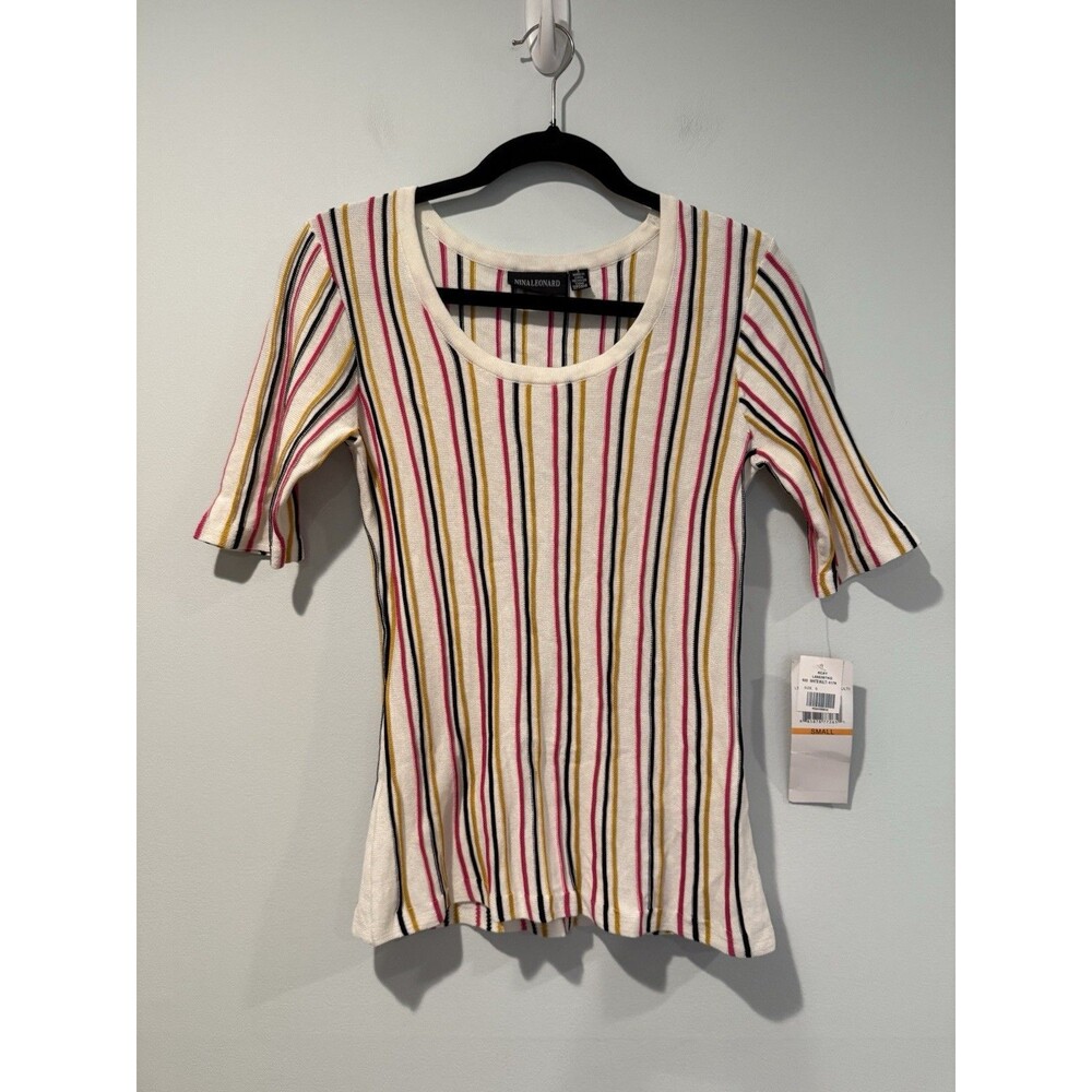 NEW Nina Leonard Knit Top Women Small Stripe Stretch Coastal Quiet Luxury Travel